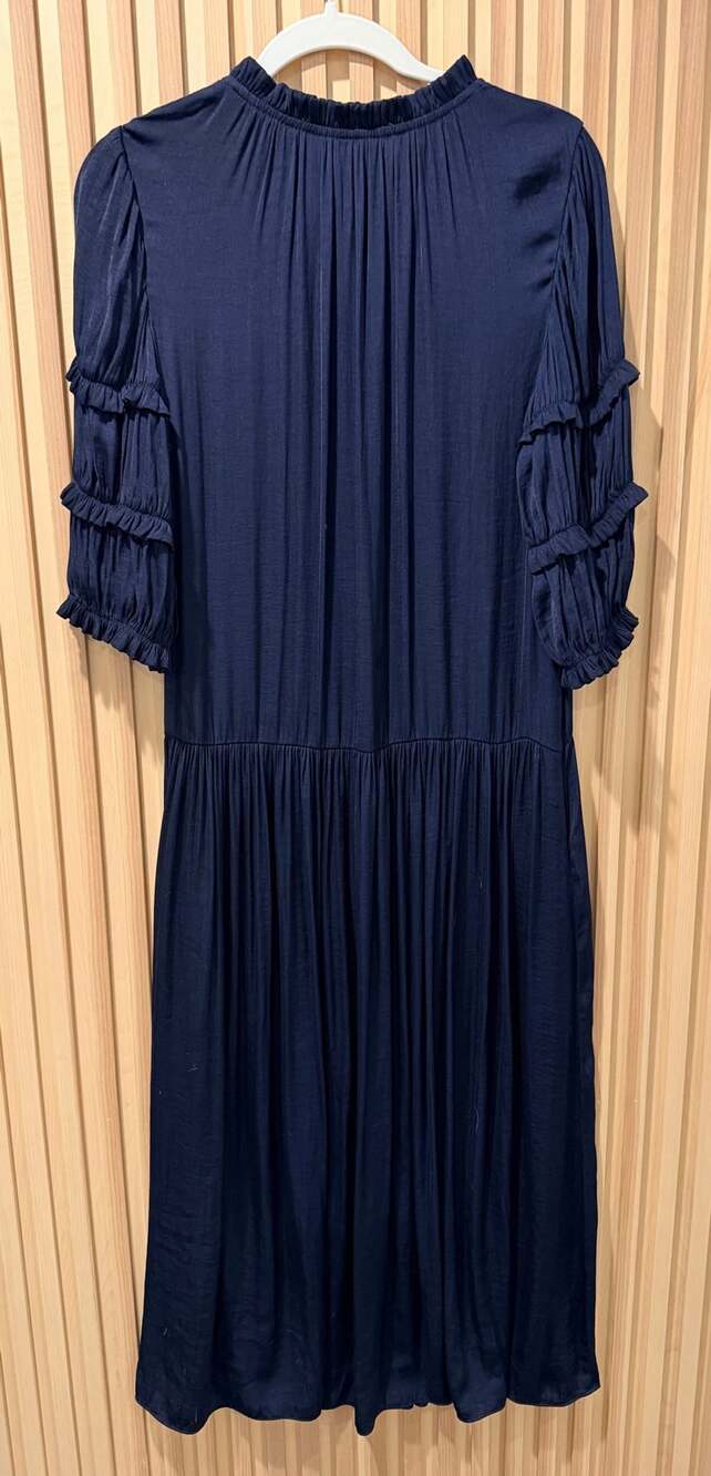 Rebecca Taylor Ruffle V-Neck Maxi Dress Navy Blue -Medium - Picture 4 of 8